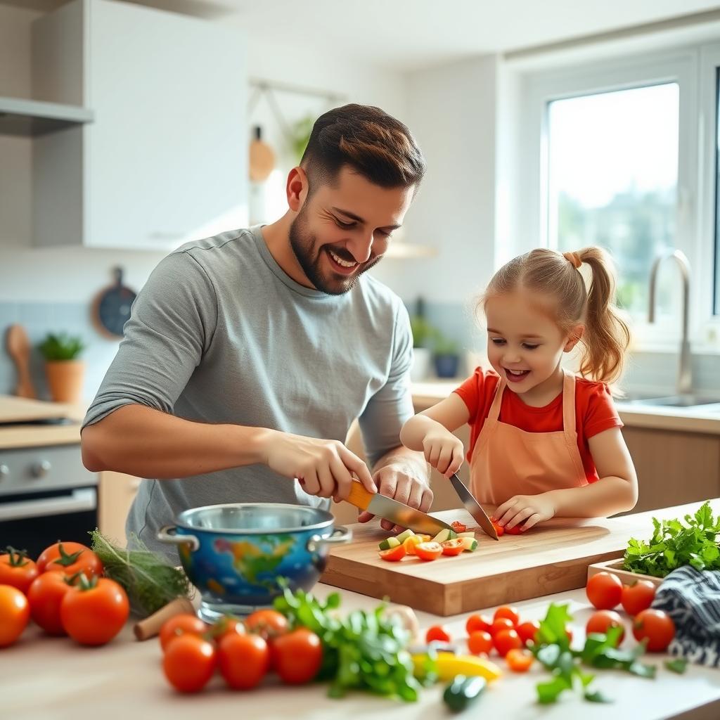 親と子が明るいキッチンで笑顔で一緒に料理をしている様子