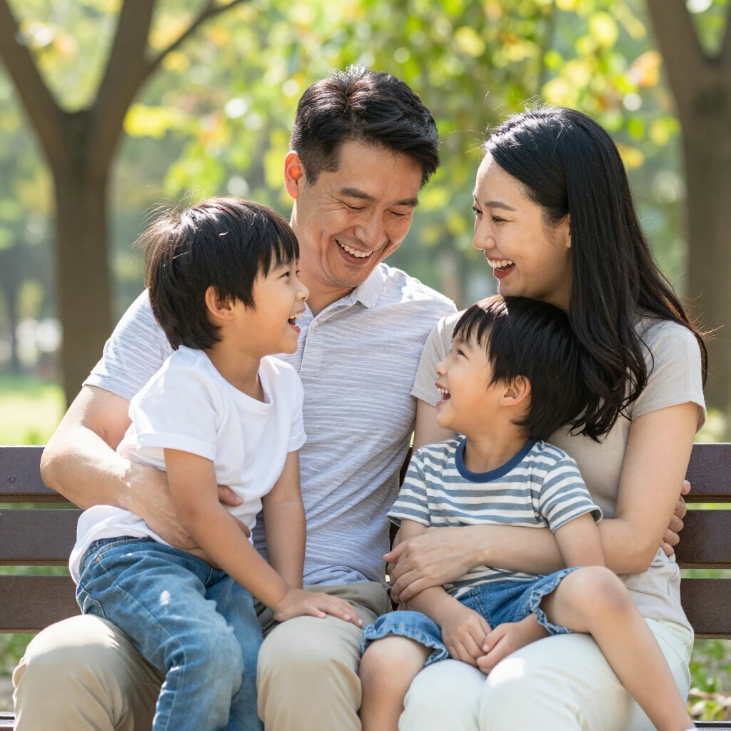 公園で笑い合う幸せな家族。親子が抱き合い、強い絆を感じさせる明るいシーン