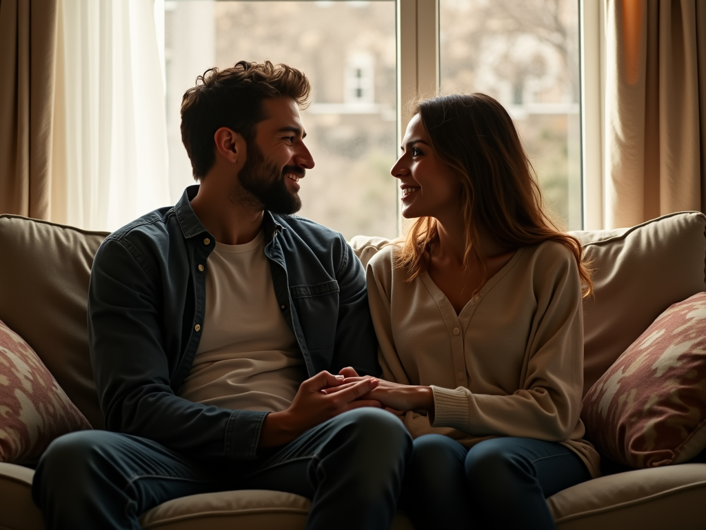 夫婦がソファに座って穏やかに話し、手を握り合っている様子。暖かいリビングの設定。