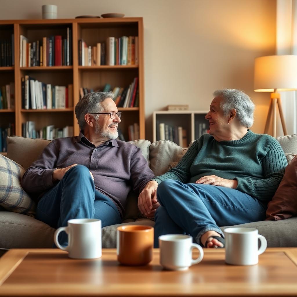 居心地の良いリビングルームで、ソファに座り、温かい会話を交わす中年夫婦