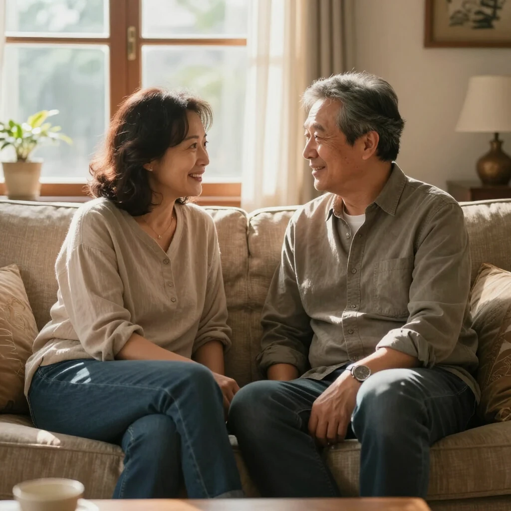 夫婦がリビングのソファで向き合って会話をしている様子