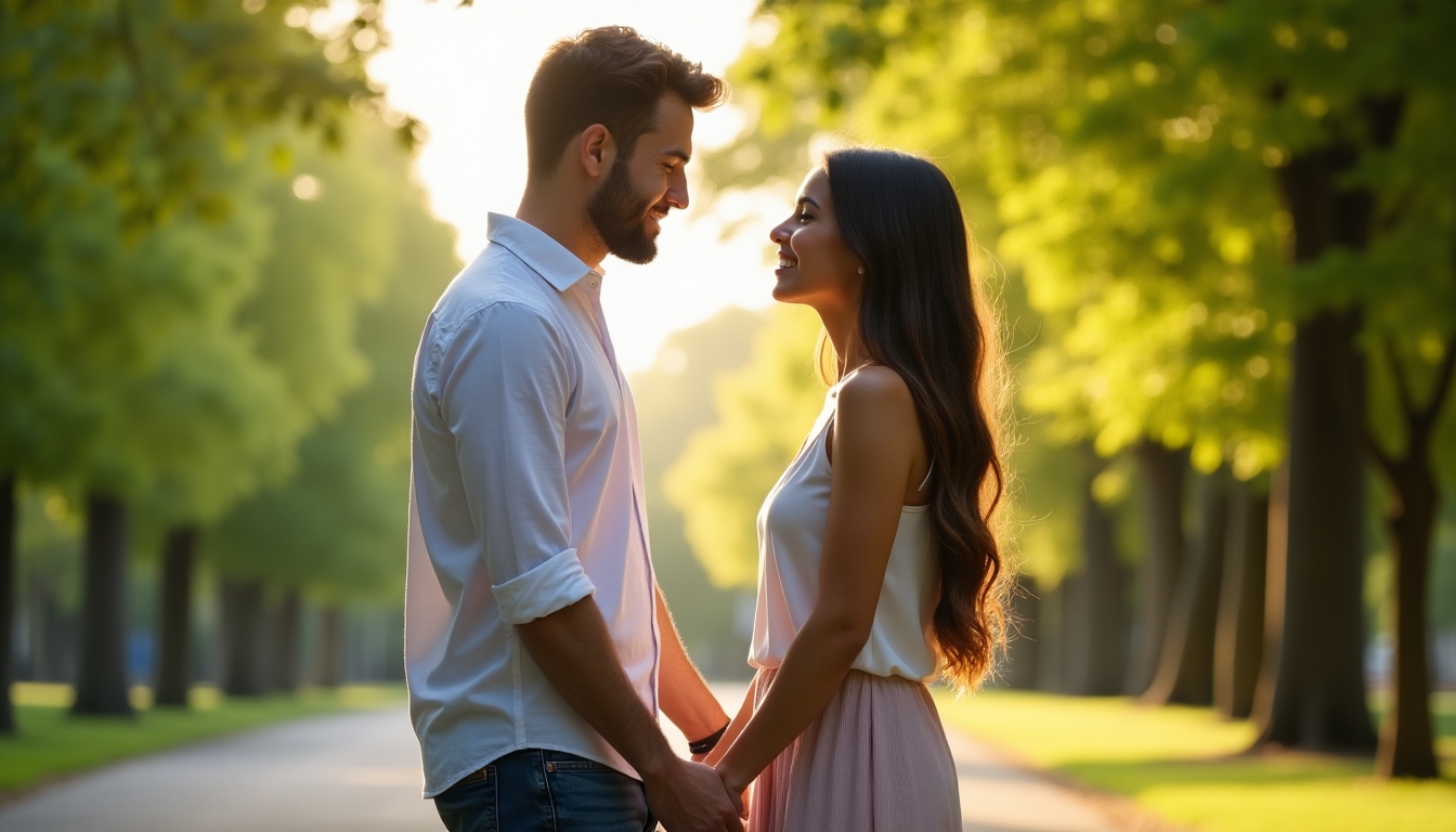 夫婦が公園で手をつなぎ、互いの目を見つめ合っている様子