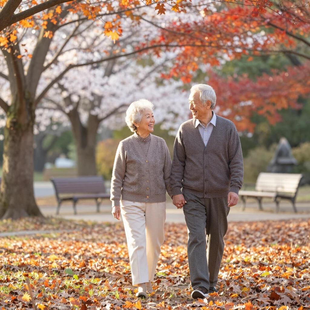 秋の公園を並んで歩く夫婦の幸せな姿