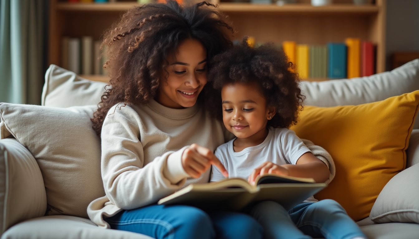 親と子供が家で一緒に勉強や本を読んでいる様子