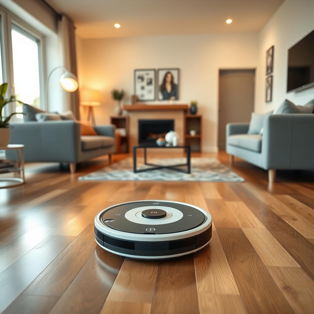 ロボット掃除機が動くモダンなリビングルーム。整頓された家具と柔らかな照明の居心地良い空間。