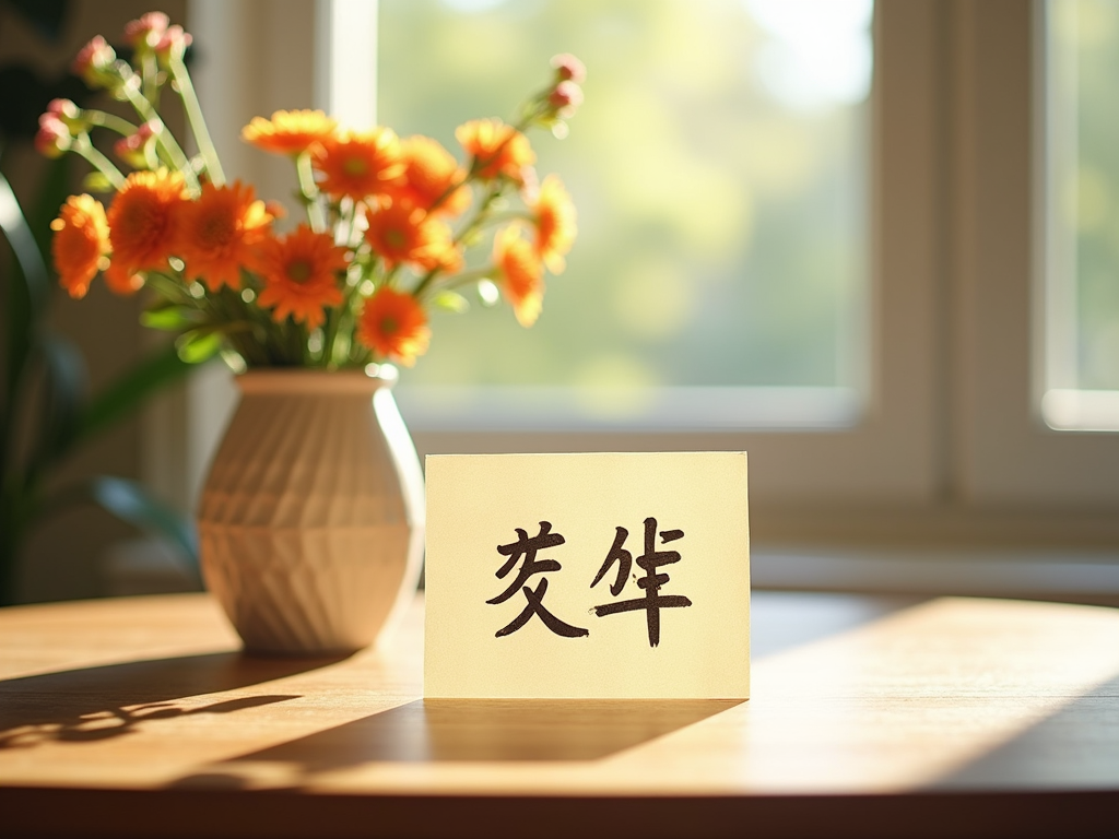 『ありがとう』と書かれた手書きのメモがテーブルに。花瓶と柔らかい日差しが背景に。