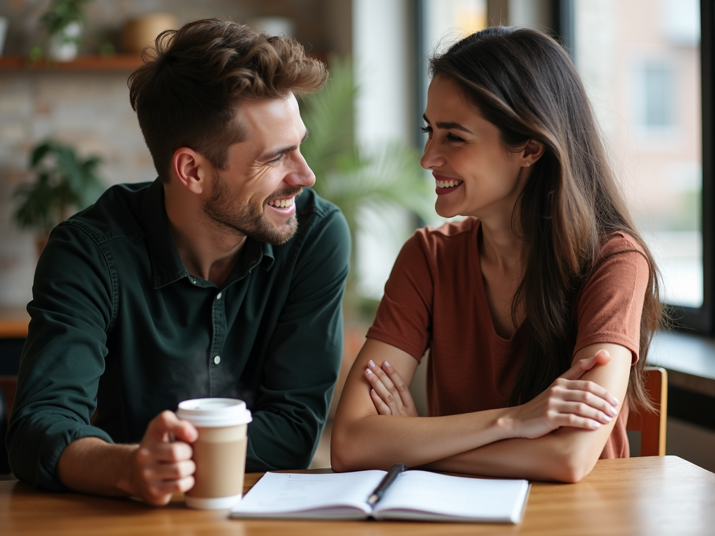 コーヒーを飲みながら穏やかに話し合い、ノートを前にする夫婦