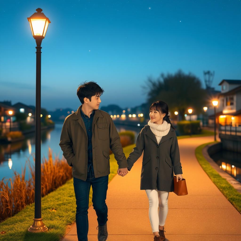 静かな川沿いの小道を、街灯の明かりの下で手をつないで歩く夫婦。カジュアルで温かい服装で、川面に光が反射し、星空が広がるロマンチックな夜。