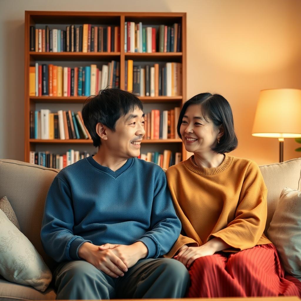 居心地の良いリビングルームのソファに座る日本人夫婦が、温かい会話を楽しんでいる。背景には色とりどりの本が並ぶ本棚と、柔らかく光るランプがある。
