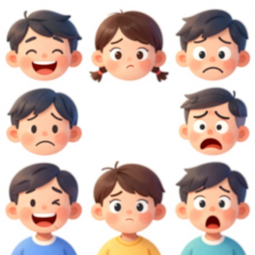 子どもがさまざまな感情を顔で表現している様子：幸せ、悲しい、怒り、驚きを優しく教育的に描いたフォトリアリスティックな画像