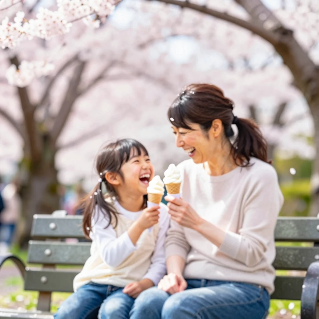 公園でアイスクリームをシェアする母娘の笑顔
