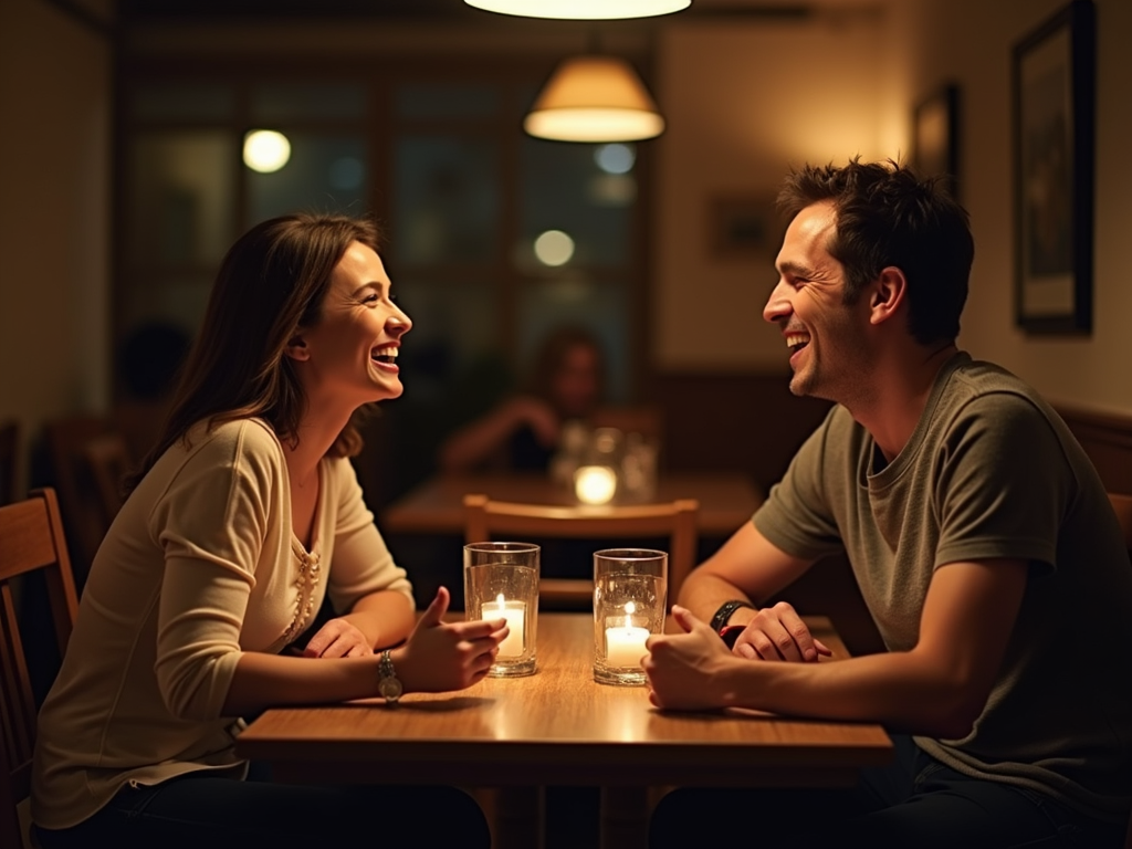 夫婦が小さなテーブルで夕食を食べ、笑いながら話している温かい部屋。