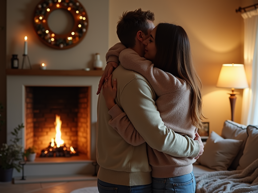 夫婦がリビングで抱き合い、信頼と感情的な近さを示している様子