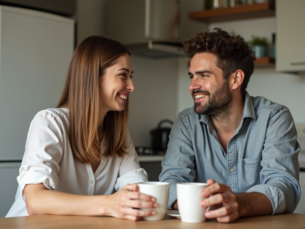 キッチンテーブルでコーヒーを飲みながら役割分担を話し合う夫婦
