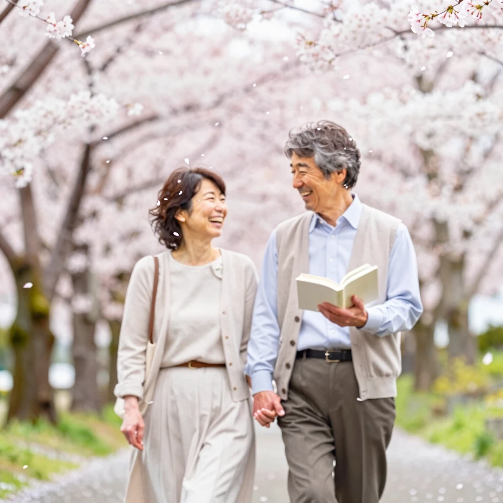 桜並木を歩く笑顔の夫婦、絆の再確認