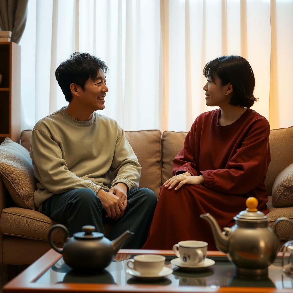 居心地の良いリビングで、ソファに座り心から会話を楽しむ日本人夫婦