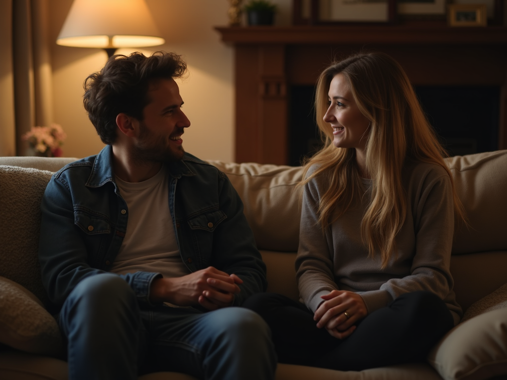夫婦がソファに座り、互いに向き合って話し合っている様子