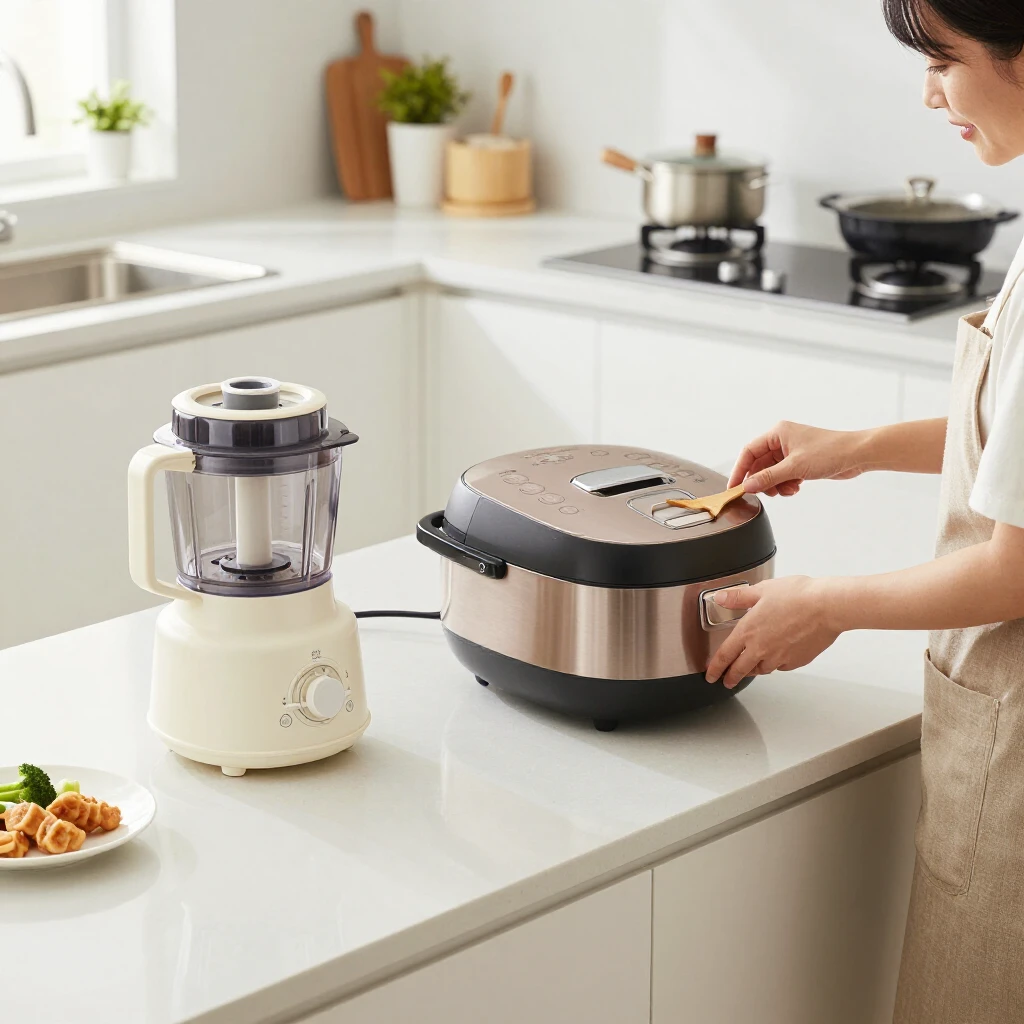 現代的なキッチンで便利グッズを使った食事準備の様子