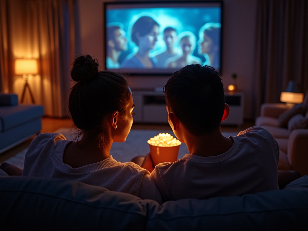 ソファに座ってポップコーンを食べながら映画を見る夫婦