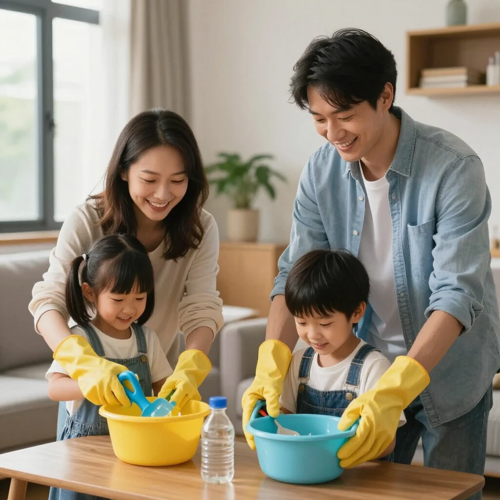 家族で家事を分担する様子