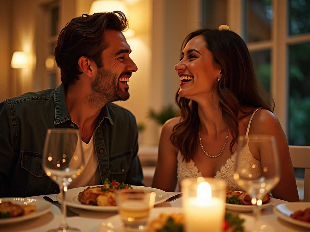 夫婦がダイニングテーブルに座り、笑い合いながら食事を楽しんでいる様子。美しくセットされたテーブルと温かみのある照明が特徴的。