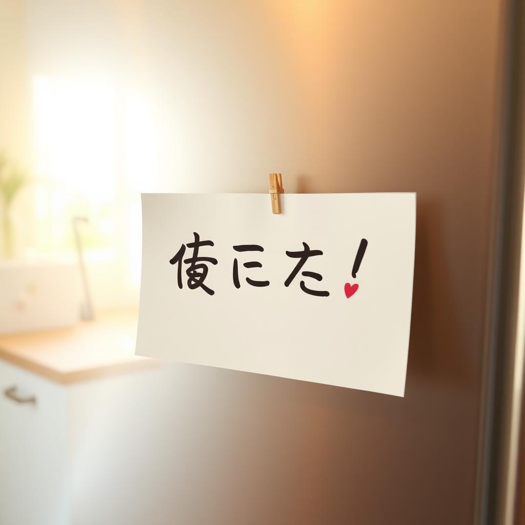冷蔵庫のドアに貼られた「今日も頑張ってね！」と書かれた手書きのメモ。メモには小さなハートが描かれ、背景には朝の光が差し込む温かいキッチンが映る。