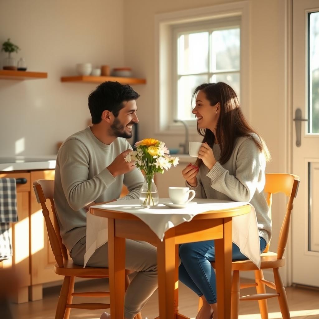 朝のキッチンでコーヒーを飲みながら穏やかに会話する夫婦