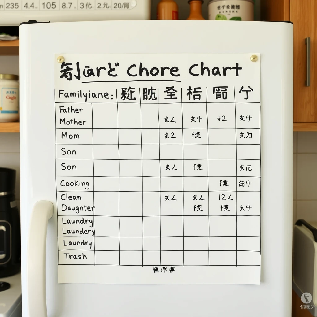 冷蔵庫に貼られた家事分担表の例