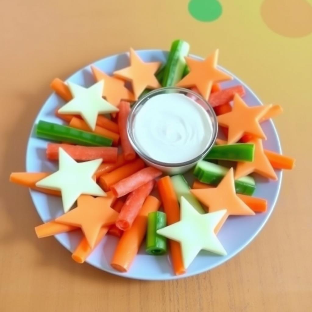 星形にカットされたにんじんやきゅうりがクリーミーなディップと一緒にカラフルな皿に盛り付けられている。明るいテーブルクロスが楽しい雰囲気を演出。