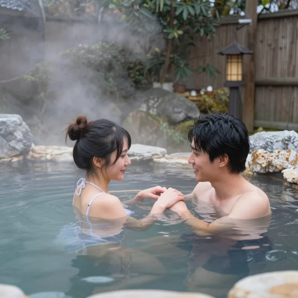 自然に囲まれた露天風呂でリラックスする夫婦