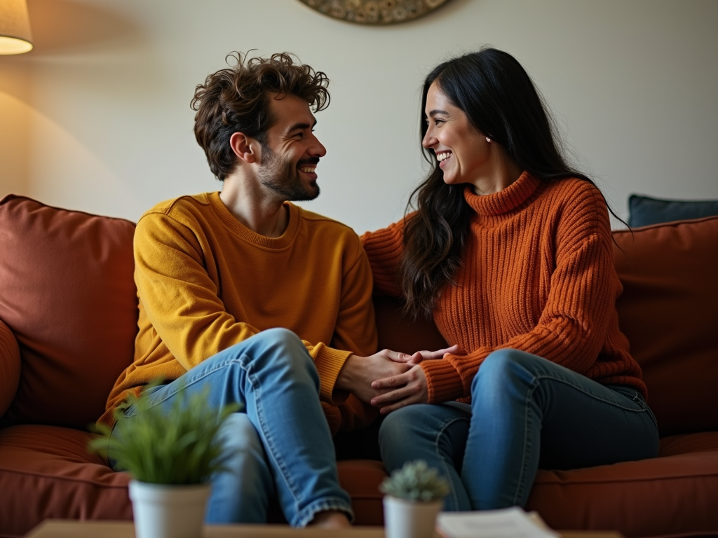 夫婦がソファで向かい合って笑顔で話している様子