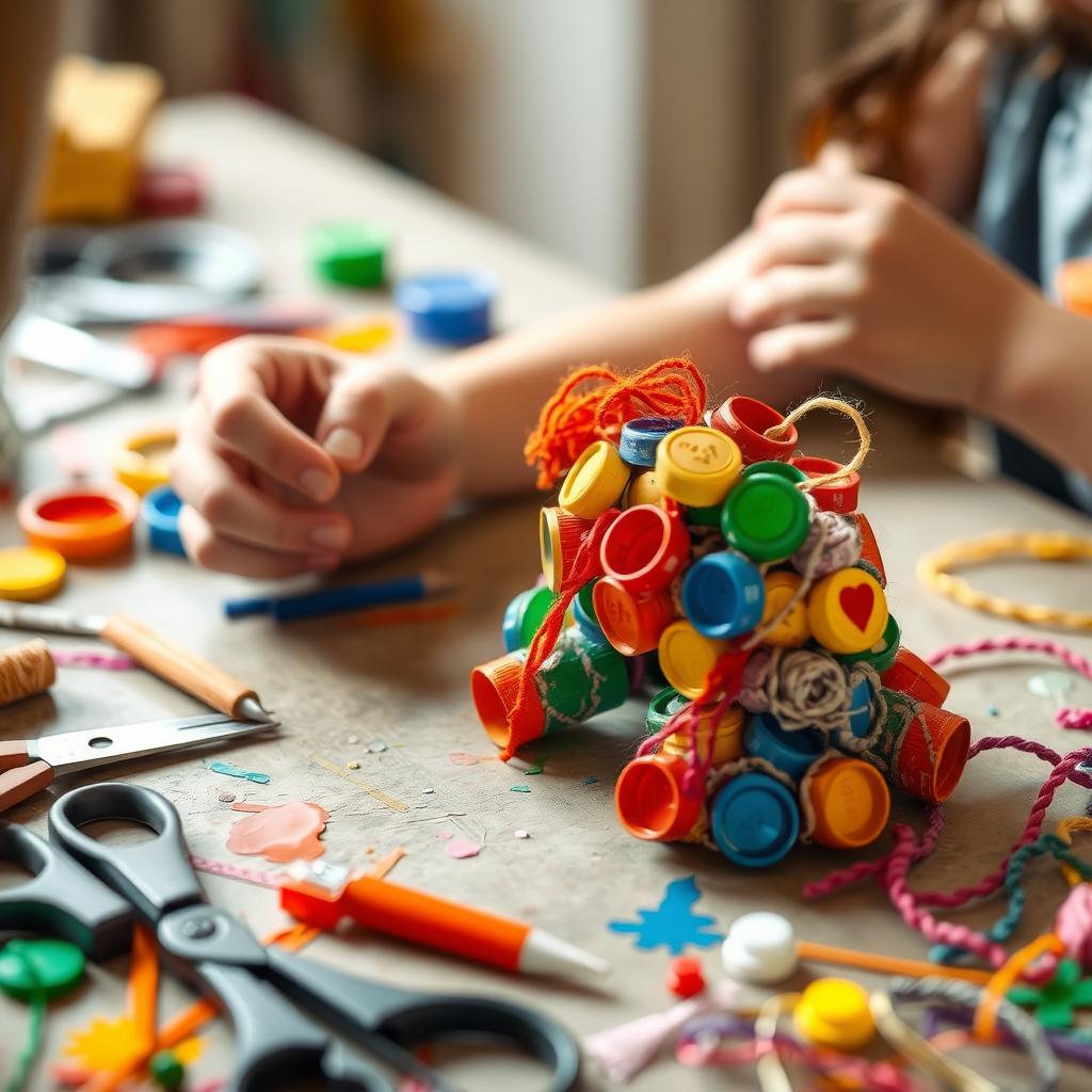 子どもの手が、ペットボトルのキャップや毛糸、段ボールで作ったカラフルな彫刻を制作中。テーブルにはハサミやのり、絵の具が散らばっている。