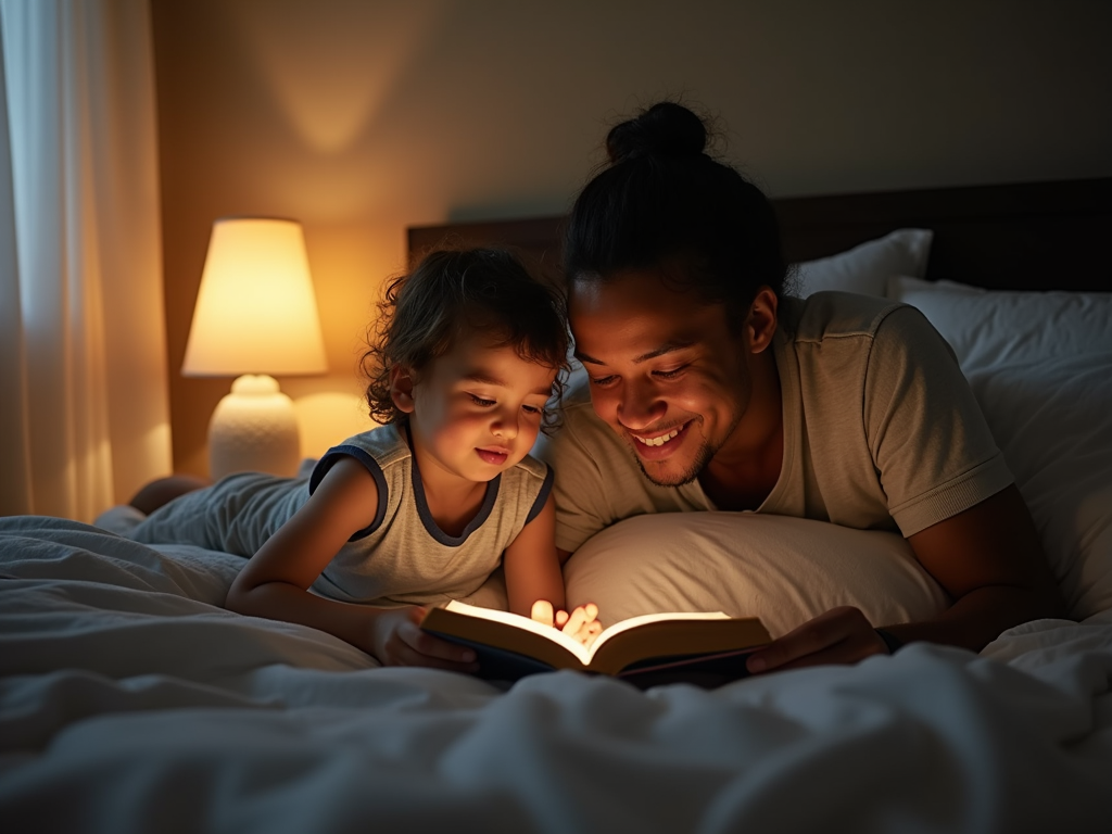 親と子がベッドで本を読んでいる様子