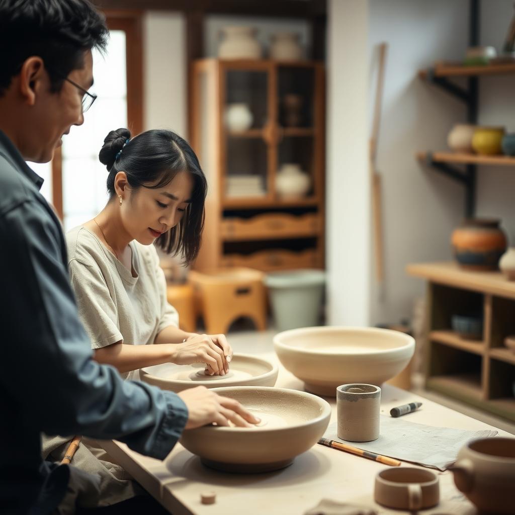居心地の良いスタジオで陶芸教室に参加する日本人夫婦。二人とも陶芸の車輪で粘土を形作り、窓から柔らかな自然光が差し込む。