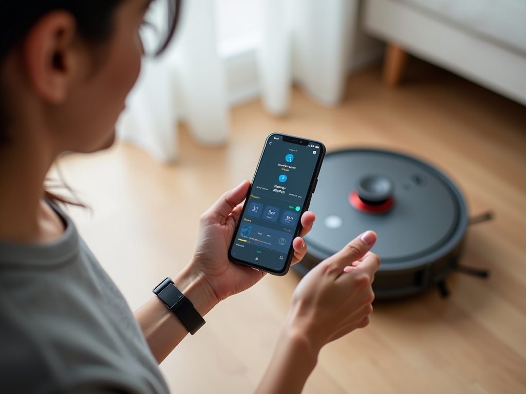 スマートホームデバイスと対話する人、背景で掃除ロボットが床を掃除している