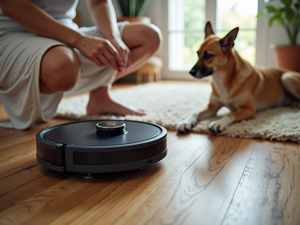 ペットオーナーがロボット掃除機を設定している