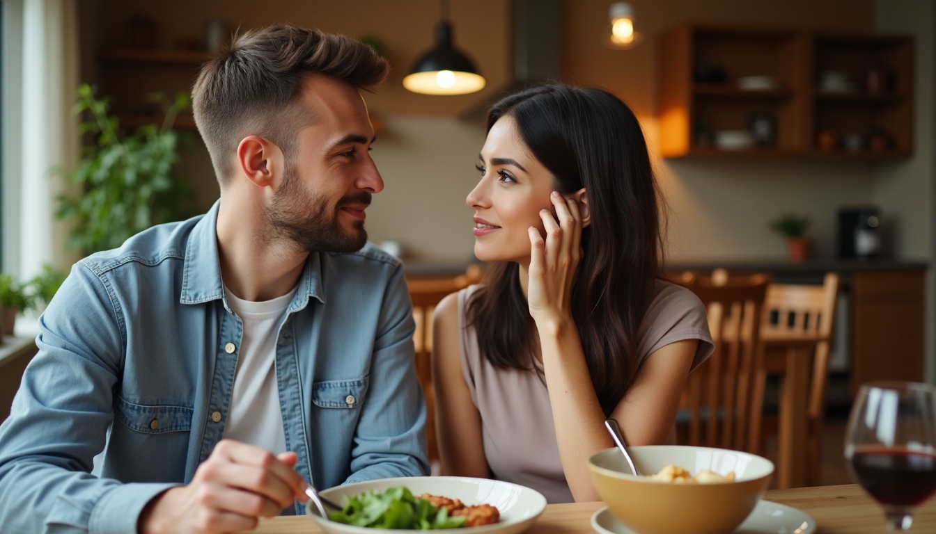 夫婦がディナーテーブルで食事を共にし、一方が考え込む表情で話し、もう一方が温かい表情で聞いている様子。日常生活での共感が強調されている。