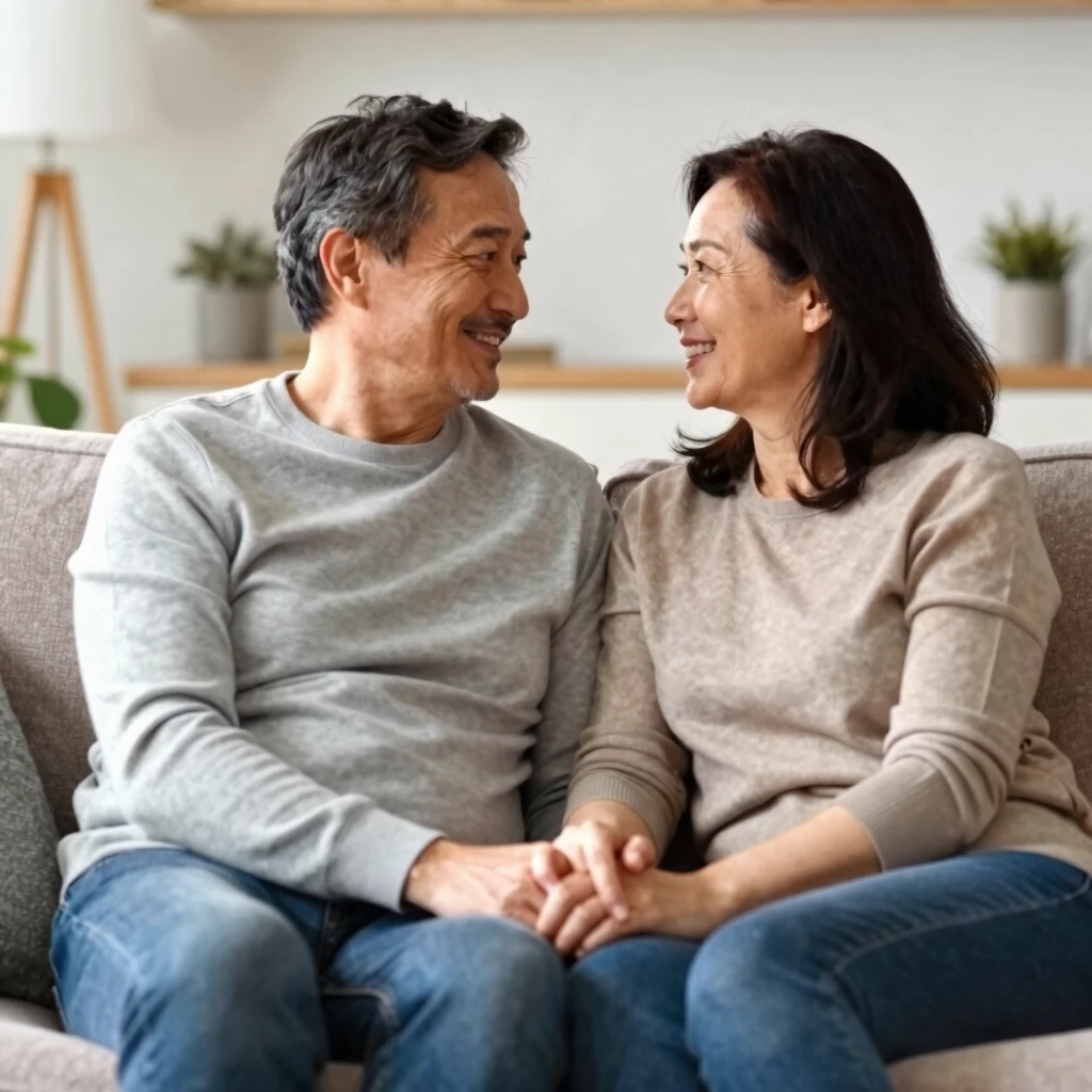 ソファに寄り添って手を繋ぎ、優しく見つめ合う幸せな中年夫婦