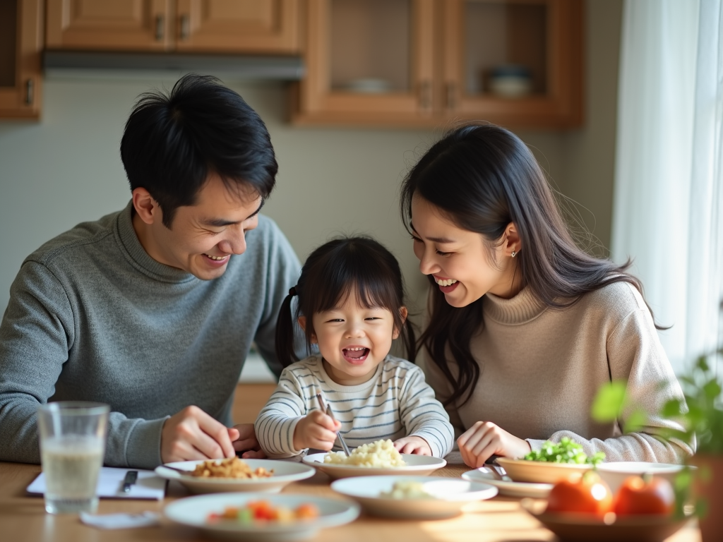 共働き家庭の親子が食卓を囲んで笑顔で過ごす様子