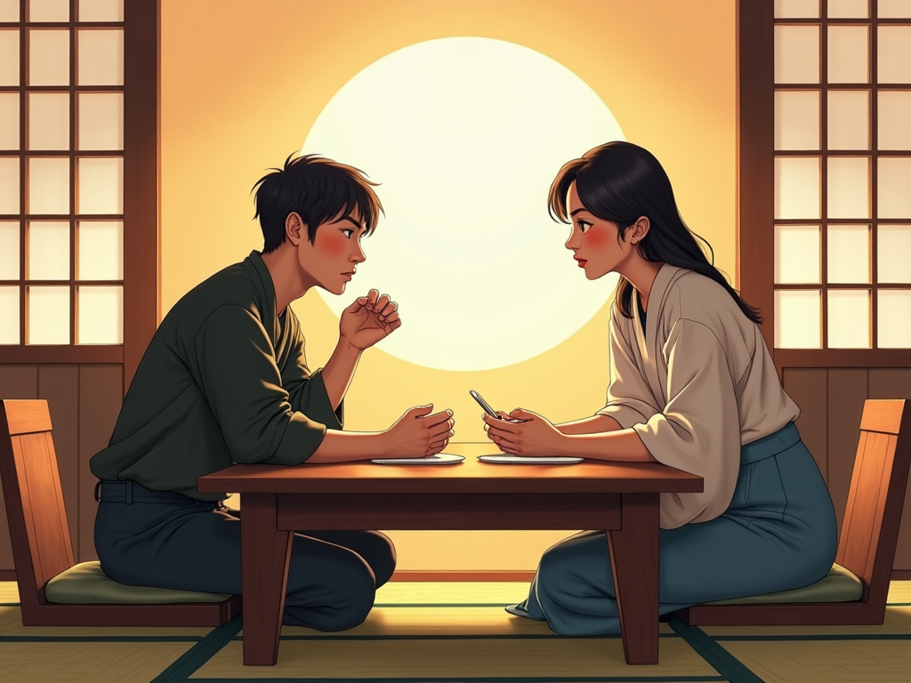 夫婦が伝統的な日本家屋で真剣に話し合っている様子