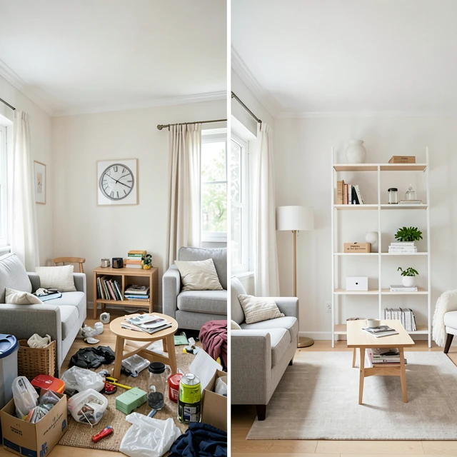 散らかった部屋からミニマルに片付いたリビングへの変化