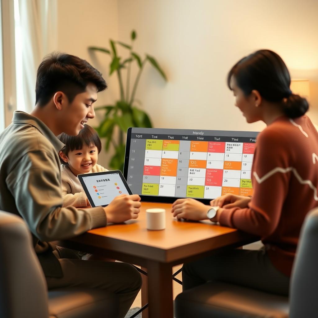 居心地の良いリビングで、家族がタブレットで共有カレンダーを見ながら家事のスケジュールを話し合っている。カレンダーには日本語で色分けされた家事タスクが表示されている。