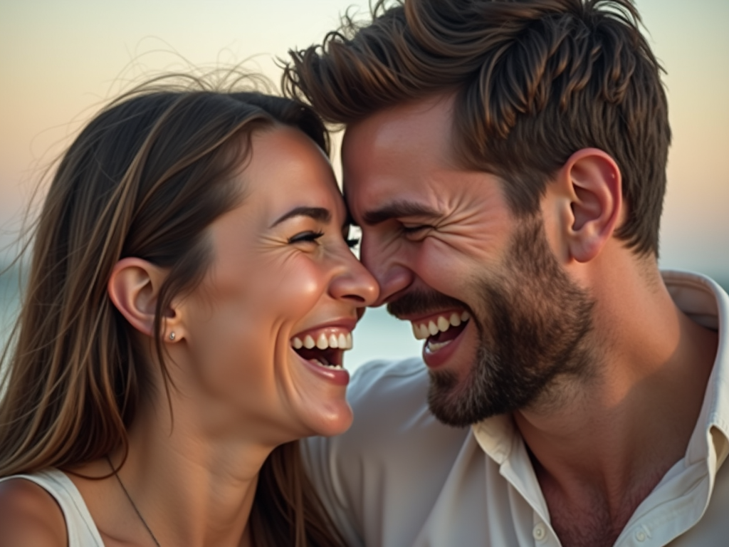 夫婦が一緒に笑い合い、楽しいひと時を過ごしている様子