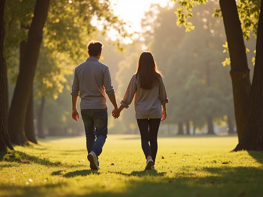 夫婦が公園を歩き、手をつないでいる様子。平和で穏やかな背景が、落ち着いた理解ある会話を象徴している。