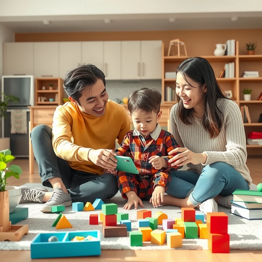 現代的なリビングで親子が教育玩具で楽しく遊ぶ様子