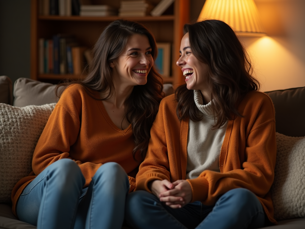 夫婦がソファで話し合い、笑顔を見せる温かいシーン