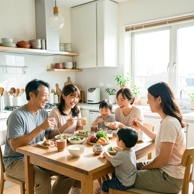 週末の朝食を家族みんなで楽しむ明るいキッチンの様子