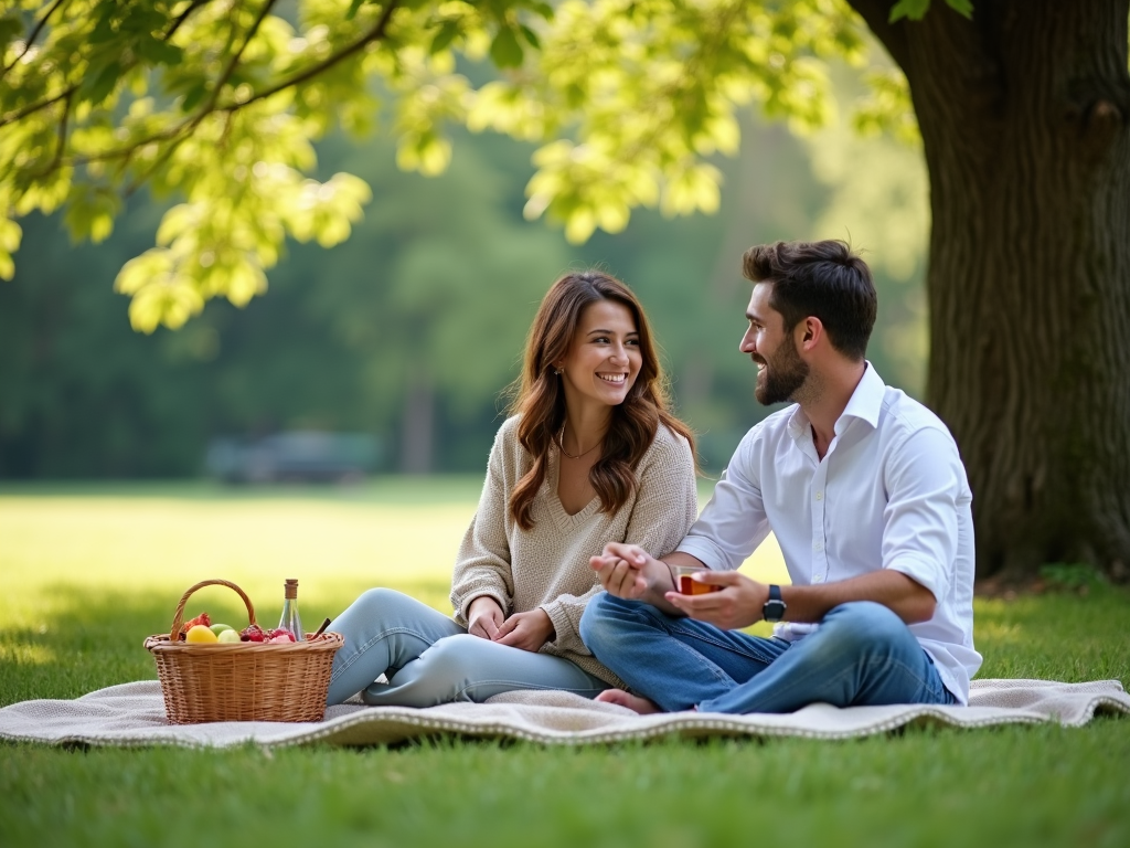 夫婦が公園でピクニックを楽しんでいる様子
