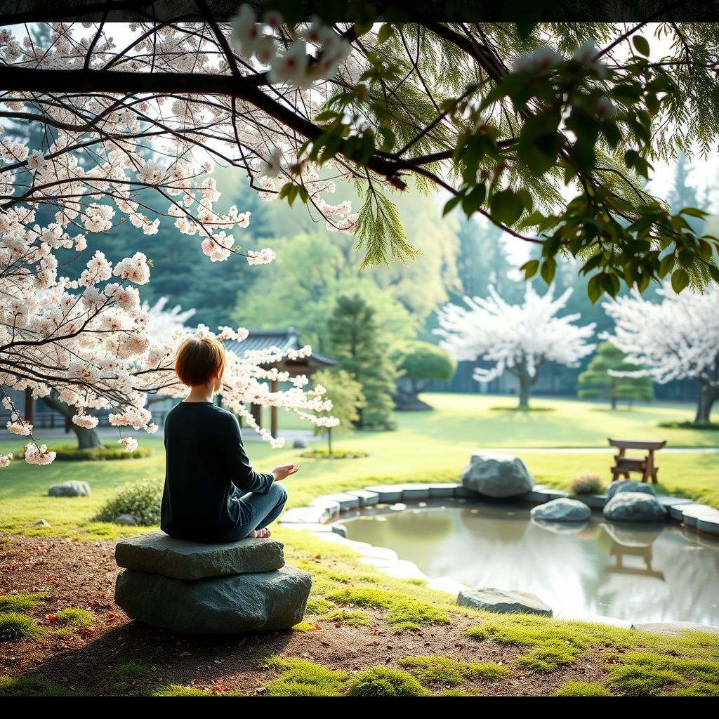 静かな日本庭園で石のベンチに座って瞑想する人。桜の花と小さな池が広がる穏やかな雰囲気。