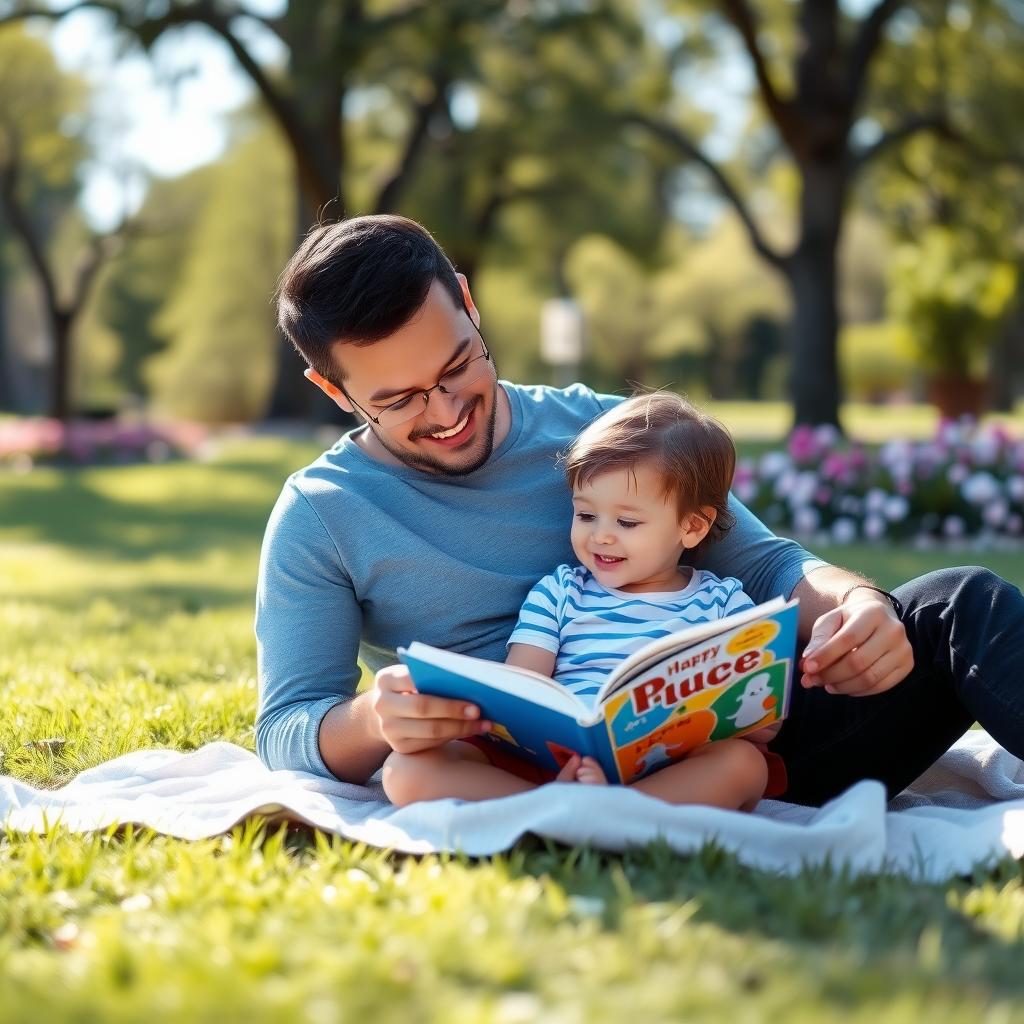 穏やかな公園で、親が子に本を読み聞かせる静かなシーン。柔らかい毛布の上に座り、背景には緑の芝生と花が咲く風景。